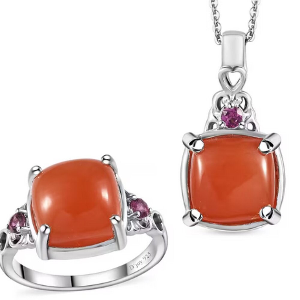 Peach MOONSTONE Ring + Pendant Necklace 925 Beautiful Set